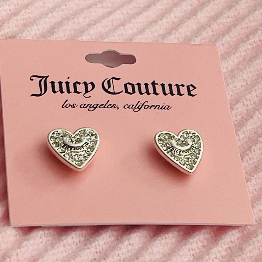 Juicy  Couture Rhinestone Silver Tone Heart Studs Earrings